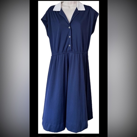 Vintage Women’s  Navy Blue White Maxi Dress Button Down Short Sleeves Collared - Picture 1 of 7